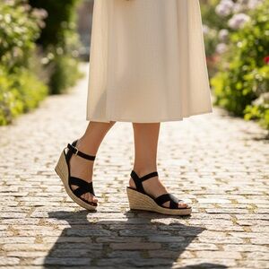 Tommy Hilfiger Wedge Espadrille Sandals Black Size 8.5 Ankle Strap Summer Shoes